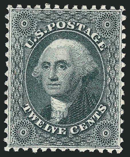 12c Greenish Black, Reprint (44).> Without gum as issued, pretty shade and detailed impression, choice centering for this difficult issue with well-balanced margins<><>^EXTREMELY FINE. A BEAUTIFUL EXAMPLE OF THE
12-CENT 1857 REPRINT. SCARCE IN SUCH