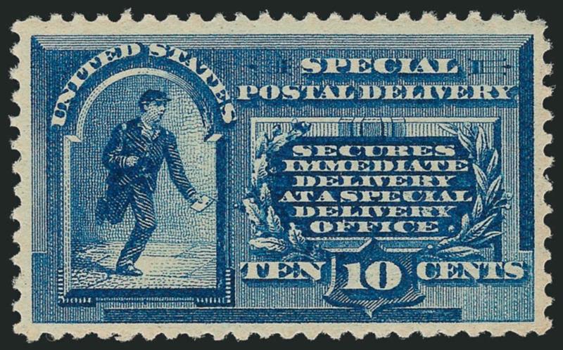 10c Blue, Special Delivery (E1).> Mint N.H., deep rich color on bright paper, wide margins, slight indentation in one small spot on gum from pressure from a pencil (no marks are present and it is not mentioned
on accompanying certificate), Very Fine