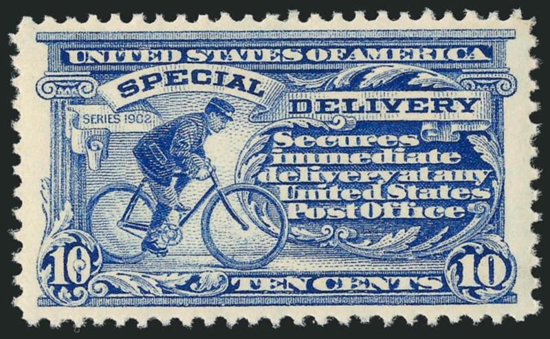 10c Ultramarine, Special Delivery (E6).> Mint N.H., brilliant color on post-office fresh paper, perfectly centered with wide and balanced margins<><>^EXTREMELY FINE GEM. A BEAUTIFUL MINT NEVER-HINGED EXAMPLE OF
THE 1902 10-CENT SPECIAL DELIVERY ISS