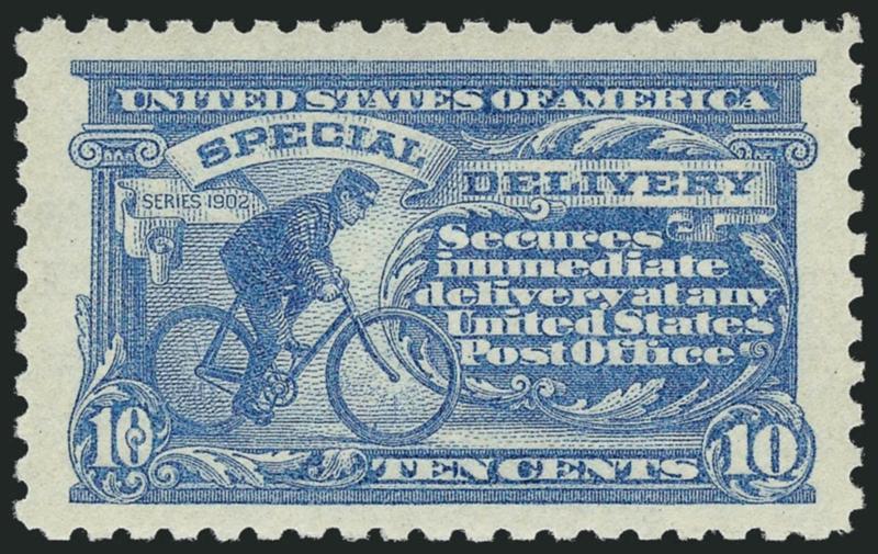10c Pale Ultramarine, Special Delivery (E10).> Mint N.H., pretty pastel color, unusually choice centering with Jumbo margins, Extremely Fine Gem, with 2004 P.S.E. certificate (XF 90 Jumbo SMQ $1,350.00 as 90,
$2,350.00 as 95)
