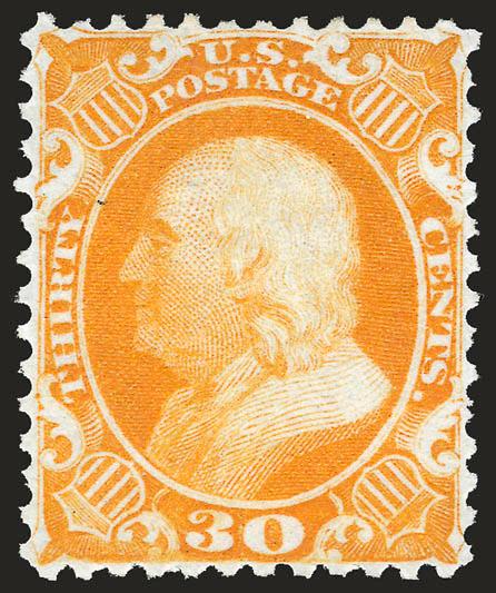 30c Yellow Orange, Reprint (46).> Without gum as issued, brilliant color on bright fresh paper, exceptionally choice centering<><>^EXTREMELY FINE. A BEAUTIFUL EXAMPLE OF THE 30-CENT 1857 REPRINT. AN EXCEEDINGLY
RARE STAMP WITH SUCH CHOICE CENTERING