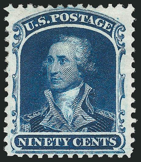 90c Deep Blue, Reprint (47).> Without gum as issued, intense shade and impression on bright paper<><>^VERY FINE EXAMPLE OF THE 90-CENT 1857 REPRINT.^<><>Purple backstamp. With 1975 P.F. and 2005 P.S.E.
certificates (F70 SMQ $2,850.00). We simply