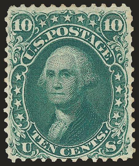 10c Dark Green, First Design (62B).> Original gum described on 1998 P.F. certificate as previously hinged and on most recent certificate as large part original gum (we side with the former), deep rich color and
proof-like impression, single short