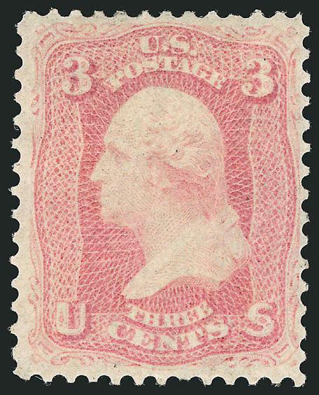 3c Pink (64).> Original gum, beautiful bright shade with strong Pink hue<><>^VERY FINE. THE 3-CENT 1861 PINK IS EXTREMELY RARE IN SOUND ORIGINAL-GUM CONDITION.^<><>Examples of the 1861 3c Pink with original gum
are almost invariably creased ando