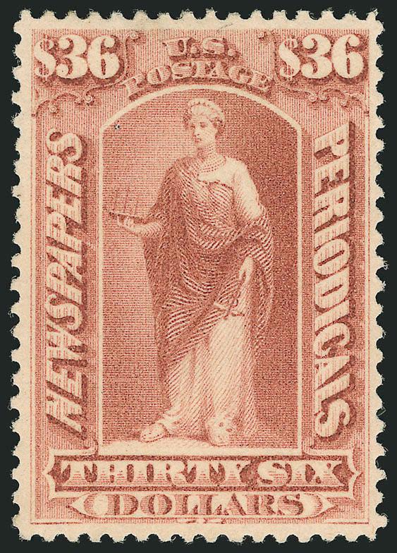 $36.00 Indian Red, 1879 Issue (PR77).> Original gum, lightly hinged, deep rich color, well-balanced margins, Extremely Fine, a beautiful example of this issue, with 2002 P.F. certificate
