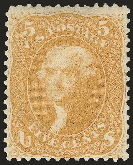 5c Brown Yellow (67a).> Original gum, radiant color, choice centering for this difficult issue, couple barely nibbed perfs at top not mentioned on accompanying certificate<><>^VERY FINE AND CHOICE. A RARE
ORIGINAL-GUM EXAMPLE OF THE 5-CENT 1861 BRO