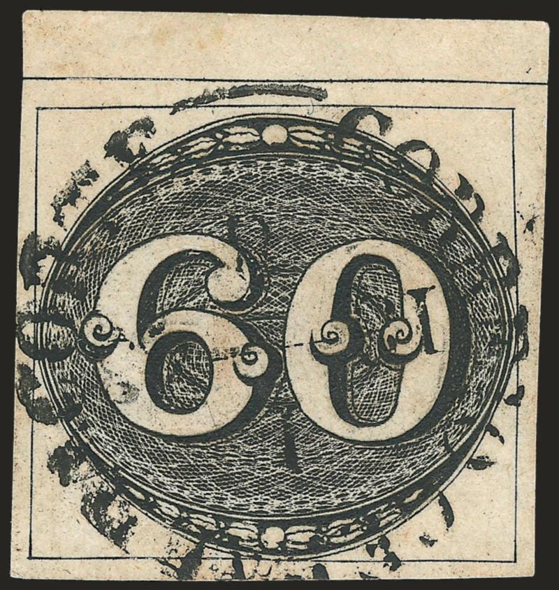 1843, 60r Deep Black, Early Impression (2).> 1st Composite Plate, State A, Position 1, <the first stamp in the 60r pane cancelled by full clear strike of Correio Geral da Corte 181843 first day of issue
datestamp,> large margins including outer f