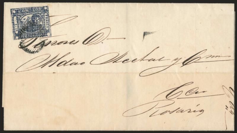 1859, 1p (To rs) Blue (8).> Ample margins to slightly in, tied by <<ponchito>> cancel on folded cover to Rosario, docketed with Aug. 17, 1859 origin date, Very Fine, ex Schatzkes and Alemany