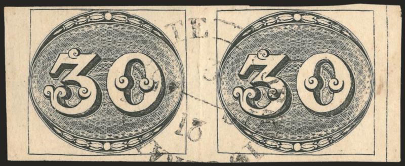 1843, 30r Black, Intermediate Impression (1).> Large Plate, State B, Positions 17-18, horizontal pair with ample to large margins and outer frameline at right, lightly struck Correio Geral da Corte 2121845
circular datestamp, vertical crease betw