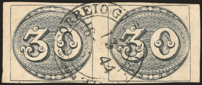1843, 30r Black, Intermediate Impression (1).> Horizontal pair, ample to large margins, Correio Geral da Corte 1361844 circular datestamp, vertical crease between stamps and thinned at right, otherwise Fine-Very
Fine, Meyer Euros 1,900