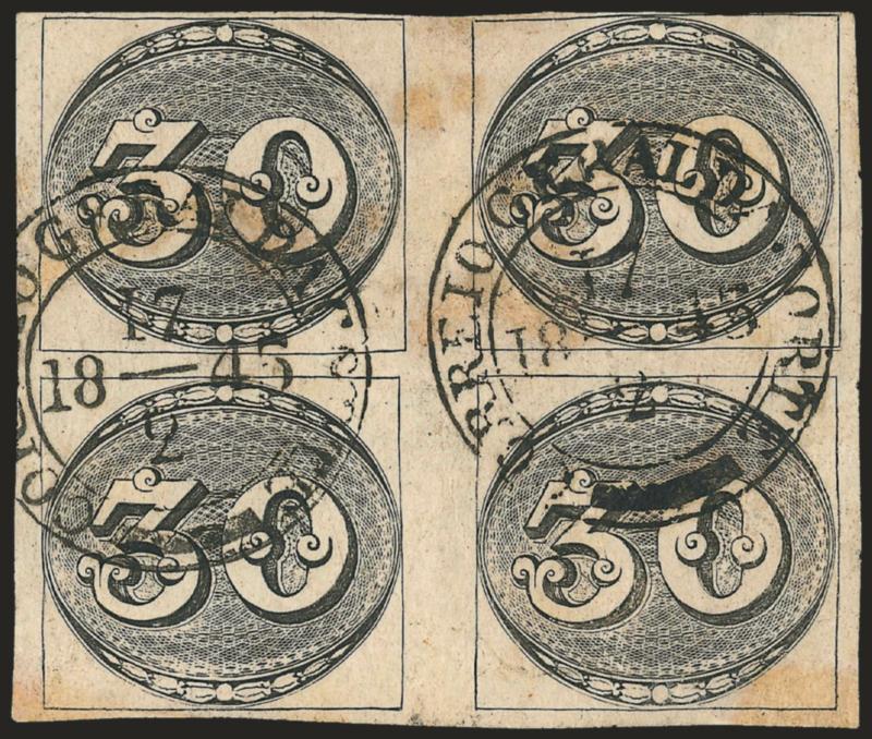 1843, 30r Black, Intermediate Impression (1).> Large Plate, State B, Positions 15-1621-22, block of four on very thick yellowish paper, two clear strikes of Correio Geral da Corte 1721845 circular datestamp,
ample to large margins, minor faults