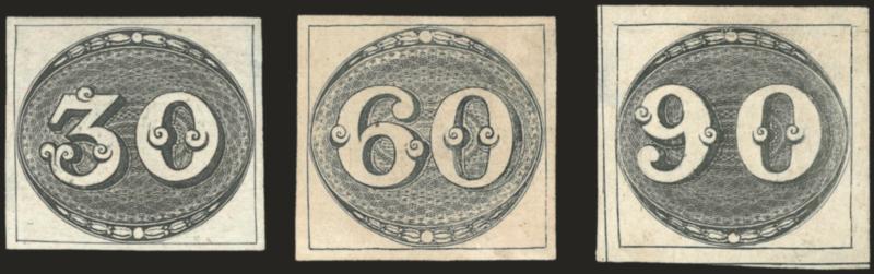 1843, 30r, 60r, 90r Bulls Eyes (1-3).> Unused (no gum), full to large margins, 30r and 90c thin spots, 60r slightly toned, otherwise a Very Fine complete set of Brazil 1843 Bulls Eyes, Meyer Euros 11,500
