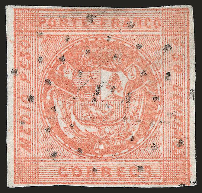 1858, Medio Peso Rose Red Error (5).> Type B, small but clear margins all around, fine impression, lightly cancelled by ^YCA^ dotted oval, Fine, signed Calves and Holcombe