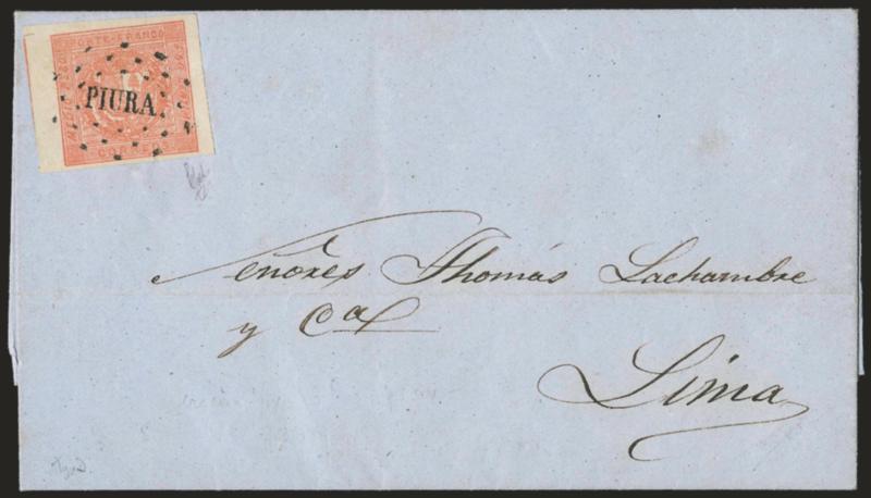 1858, Medio Peso Rose Red Error (5).> Type D, large to huge margins, beautiful bright color, cancelled by perfect strike of  ^PIURA^ dotted oval on blue Jan. 20, 1859 folded letter to LaChambre & Co. in
Lima<><>^EXTREMELY FINE STAMP AND COVER. A