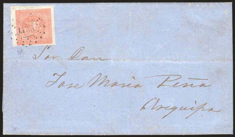 1858, Medio Peso Rose Red Error (5).> Type C, huge margins to full at bottom, rich color, tied by light strike of  ^LIMA^ dotted oval on blue Jul. 13, 1858 folded letter to Jose Maria Pena in Arequipa, tiny
bleached specks on cover<><>^EXTREMELY