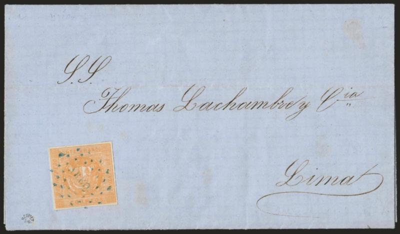 1858, -12p Buff (6).> Type E, full even margins, incredibly deep shade, tied by blue ^AREQ^ Arequipo dotted oval on Nov. 20, 1858 blue folded letter to Lima, slight edgewear<><>^EXTREMELY FINE. A SUPERB EXAMPLE
OF THE 1858 MEDIO PESO USED ON COV