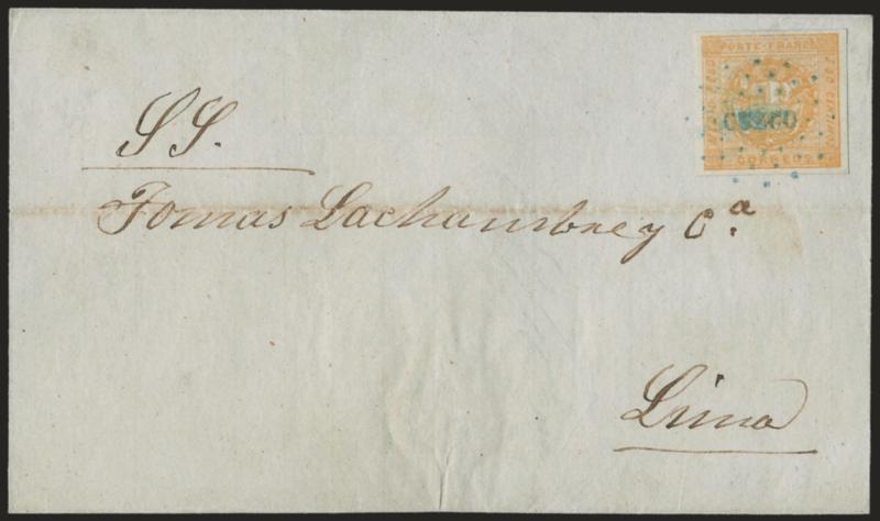 1858, -12p Buff (6).> Type C, large even margins, bright shade, tied by blue ^CUZCO^ dotted oval on blue folded cover to Lima, docketed with Nov. 21, 1858 origin date, slight wear along fold<><>^EXTREMELY FINE
AND BEAUTIFUL 1858 MEDIO PESO COVER
