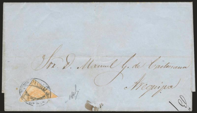 1858, -12p Buff, Diagonal Half Used as 2 Pesetas (6, unlisted bisect).> Bottom right diagonal half tied all around by <^PUNO^ oval and negative stars> handstamp on greenish folded cover to Arequipa, docketed
with Dec. 16, 1859 origin date, tip of