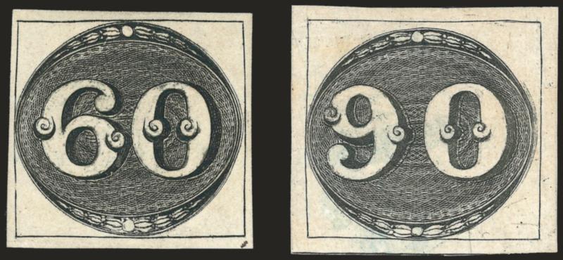 1843, 60r, 90c Bulls Eyes (2, 3).> Two of each, all unused (no gum), each value represented by Early and Intermediate Impressions, ample to large margins, both 90r stamps have slight bend or crease, otherwise Very
Fine-Extremely Fine, Meyer Euros 12