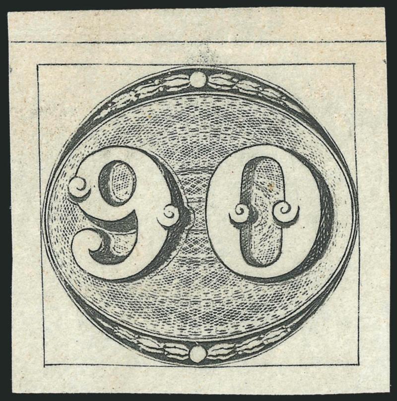 1843, 90r Black, Late Impression (3).> 1st Composite Plate, State A, Position 5, unused (no gum), huge margins with outer frameline at top, shows considerable wear in lathework at right, Extremely Fine,
outstanding unused condition, Meyer Euros 4,600