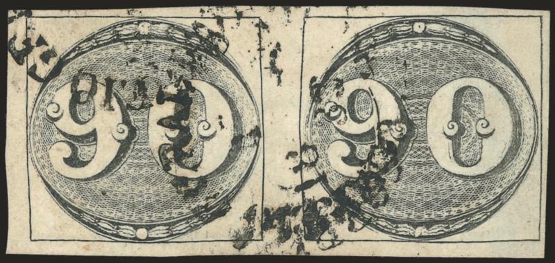 1843, 90r Black, Late Impression (3).> Horizontal pair, full to large margins, cancelled by Correio Geral da Corte circular datestamp, Very Fine, ex Lima, Meyer Euros 4,200
