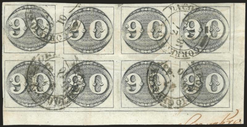 1843, 90r Black, Late Impression (3).> 2nd Composite Plate, State C, Positions 9-1215-18, block of eight from the bottom right corner of the pane with huge margins including sheet margins and outer framelines at
lower right, four strikes of Correio
