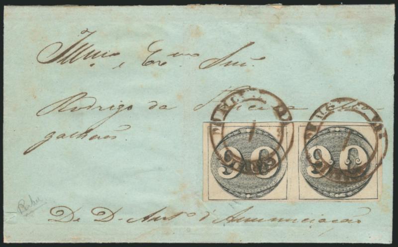 1843, 90r Black, Late Impression (3).> Horizontal pair, full to large margins, well-tied by two bold strikes of <Correio de Alcantra> dateless circle in brown ink on greenish folded cover, reinforced along
vertical file fold (clear of stamps), mino