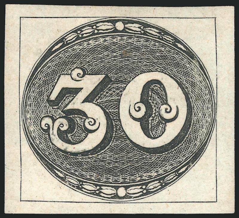 1843, 30r Deep Black, Early Impression (1). Original gum,> h.r., large even margins, beautiful sharp impression on fresh paper, light horizontal bend<><>^EXTREMELY FINE. A MAGNIFICENT ORIGINAL-GUM EXAMPLE OF THE
1843 30-REIS BULLS EYE.^<><>Ex Da