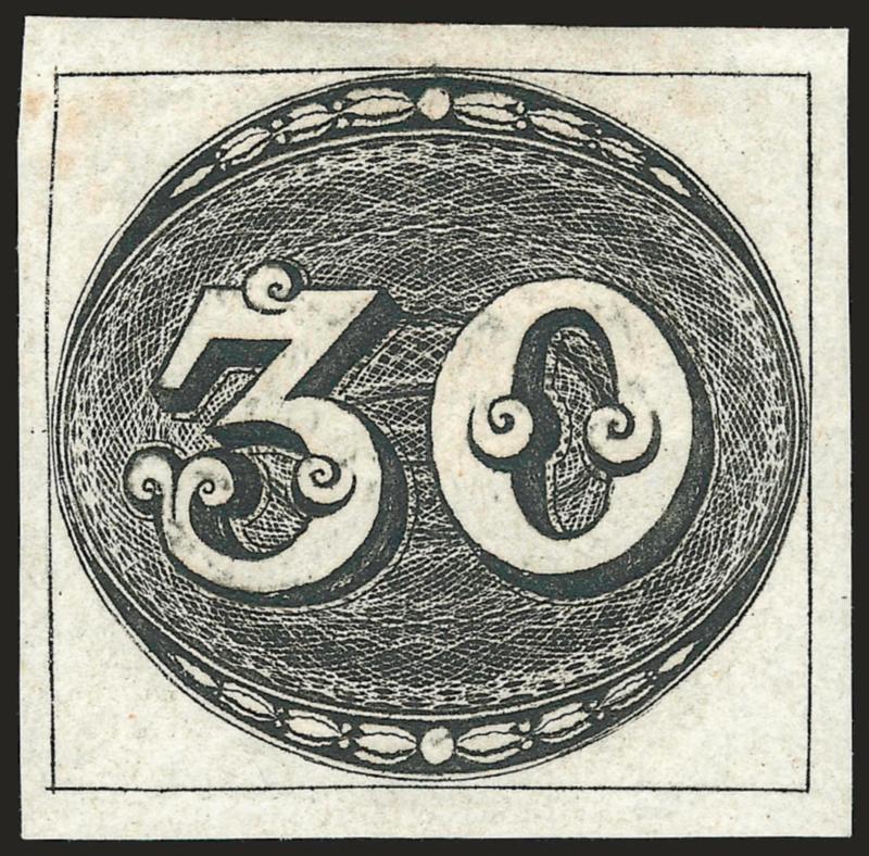 1843, 30r Deep Black, Early Impression (1). Original gum,> paper h.r., full to large margins, gorgeous deep shade and early impression, crisp and fresh paper<><>^EXTREMELY FINE. A LOVELY ORIGINAL-GUM EXAMPLE OF
THE BRAZIL 30-REIS BULLS EYE FROM AN