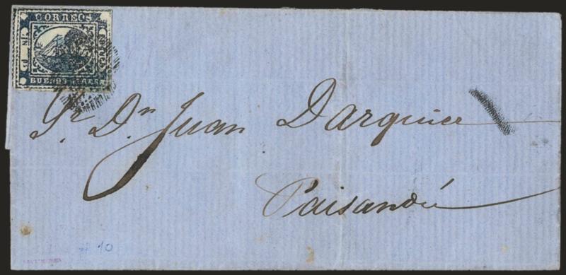 1859, 1p (In Ps) Indigo (7a).> Large margins to just touched, tiny tears at bottom, tied by <<ponchito>> cancel on blue folded cover <to Paysandu, Uruguay,> Very Fine appearance, scarce use to another
country