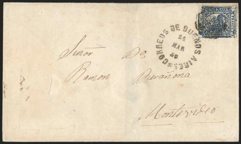 1859, 1p (In Ps) Blue (7).> Severely defective cliche with all four corners showing damage from nails, scissors cut at upper right, tied by <<ponchito>> cancel and Correos de Buenos Aires 24 Mar 59 circular
datestamp on folded cover <to Montevide
