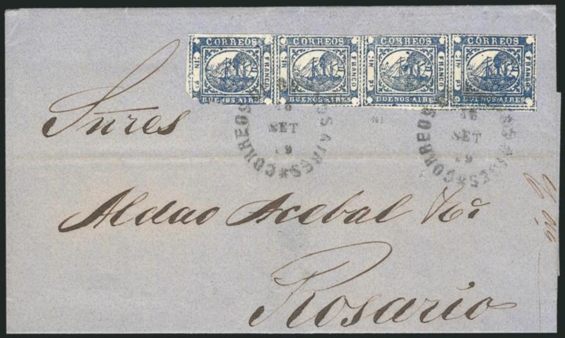 1859, 1p (In Ps) Blue (7).> Horizontal strip of four, large margins to slightly in and irregularly separated at lower left, one stamp has pre-use vertical crease, tied by two strikes of Correos de Buenos Aires 16
Set 59 circular datestamp on blue