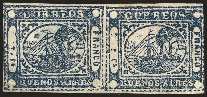 1859, 1p (To rs) Blue (8).> Horizontal pair, unused (no gum), three large margins, barely in along right frameline, dark shade, small thin in left stamp, otherwise Very Fine, a scarce unused multiple of the To
Peso, ex Caspary and Boker
