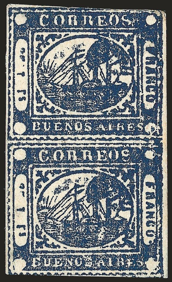 1859, 1p (To rs) Indigo (8).> Vertical pair, unused (no gum), large margins except touched or slightly in at top and bottom, beautiful dark shade, tiny flaws in top margin, otherwise Very Fine, scarce unused
multiple