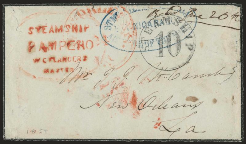 Stmr. Sierra Nevada, Via Nicaragua, Ahead of the Mails.> Blue oval handstamp on small mourning cover with original letter on matching mourning stationery datelined <<San Francisco April 15th 1854,>> to New
Orleans, red <Steamship Pampero, W. C. Fl