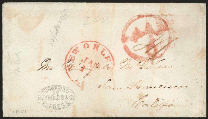 Forwarded by Reynolds & Co. Express.> Clear strike of oval handstamp on cover carried by steamboat to New Orleans and from there by steamship to San Francisco, light but readable readable strike of <From Steamer
Gypsy> oval name-of-boat handstamp a