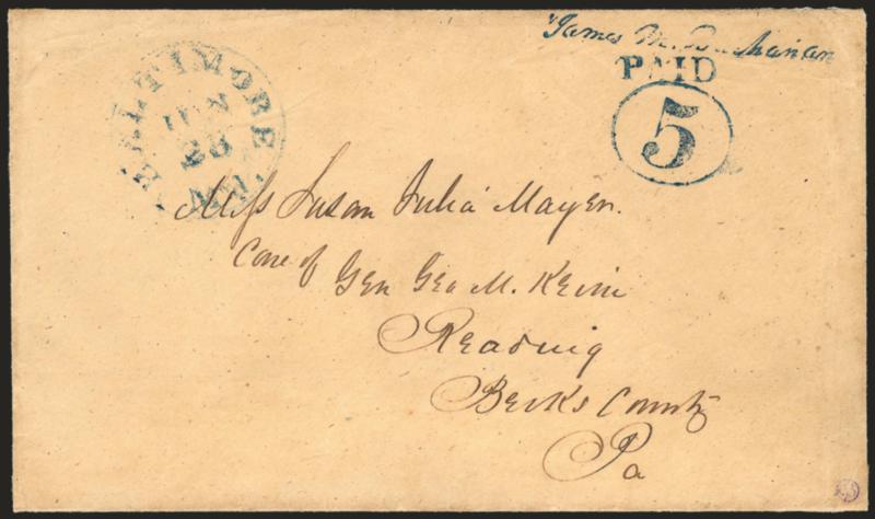 Baltimore Md., 5c Blue entire (3XU1).> Clear strike of provisional marking, matching Baltimore Md. Jun. 28 circular datestamp on buff cover to Reading Pa., tiny mends along edges<><>^VERY FINE EXAMPLE OF THE
5-CENT BLUE BALTIMORE PROVISIONAL ENTI