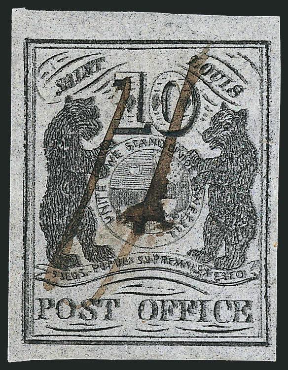 St. Louis Mo., 10c Black on Gray Lilac (11X5).> Type II, Position 4, large even margins, two neat penstroke cancels, <distinctive slip print> showing doubling of portions of the design<><>^EXTREMELY FINE. A
BEAUTIFUL EXAMPLE OF THE 5-CENT ST. LOUIS