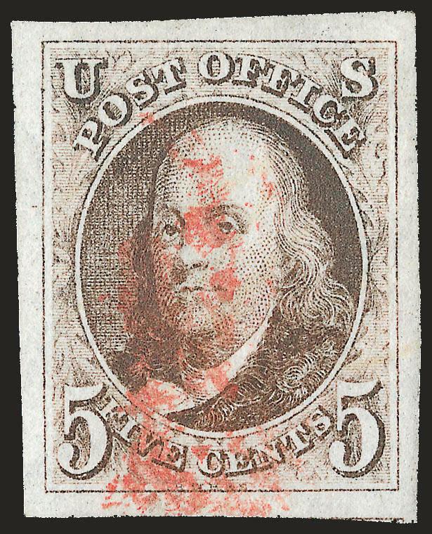 5c Red Brown (1).> Huge margins all around, deep rich color and proof-like impression nicely complemented by red cancel<><>^EXTREMELY FINE GEM. A SUPERB USED EXAMPLE OF THE 5-CENT 1847 ISSUE. THIS STAMP WILL
CERTAINLY ACHIEVE A VERY HIGH NUMERICAL