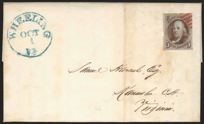 5c Red Brown (1).> Large margins except at left where the slightly irregular margin clears frameline, tiny corner crease at bottom left, clear strike of <Wheeling, Virginia, red 7-bar grid precancel> at upper
right corner, <no other cancellation,> bl
