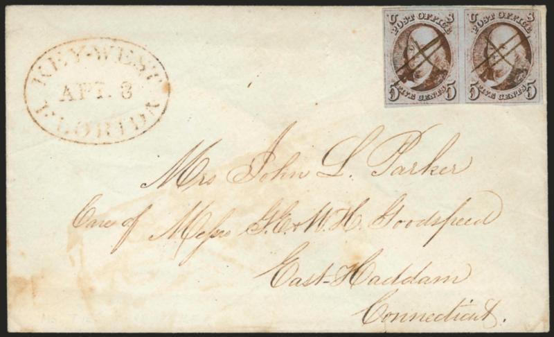 5c Red Brown (1).> Horizontal pair, large margins to just in, deep rich color, cancelled by ms. X penstrokes, clear strike of <Key-West, Florida Apr. 8> oval datestamp on cover to East Haddam Conn., stamps with
small faults incl. light creases, s