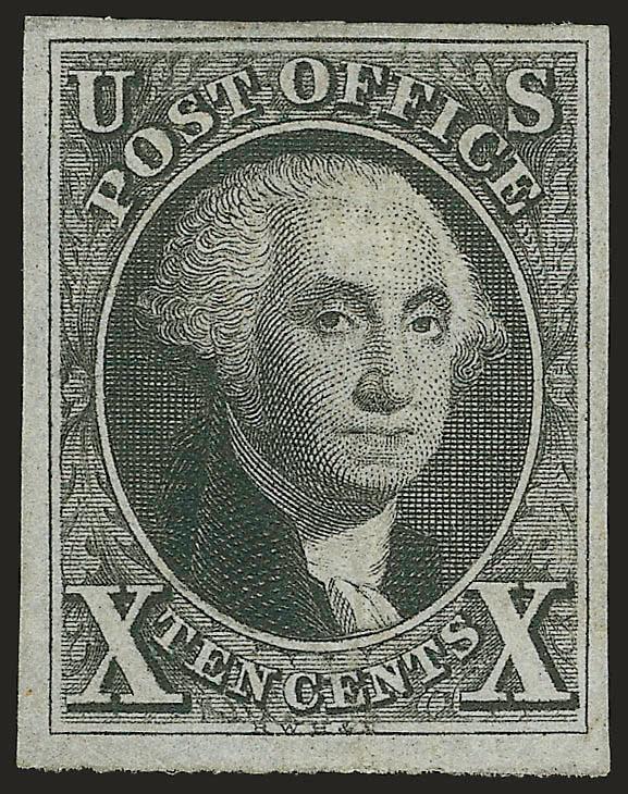10c Black (2).> Large part original gum, large to huge margins all around, intense shade and impression, P.S.E. capsule notes light gum crease which is natural and typical of 1847s with original
gum<><>^EXTREMELY FINE. A RARE FOUR-MARGIN ORIGINA