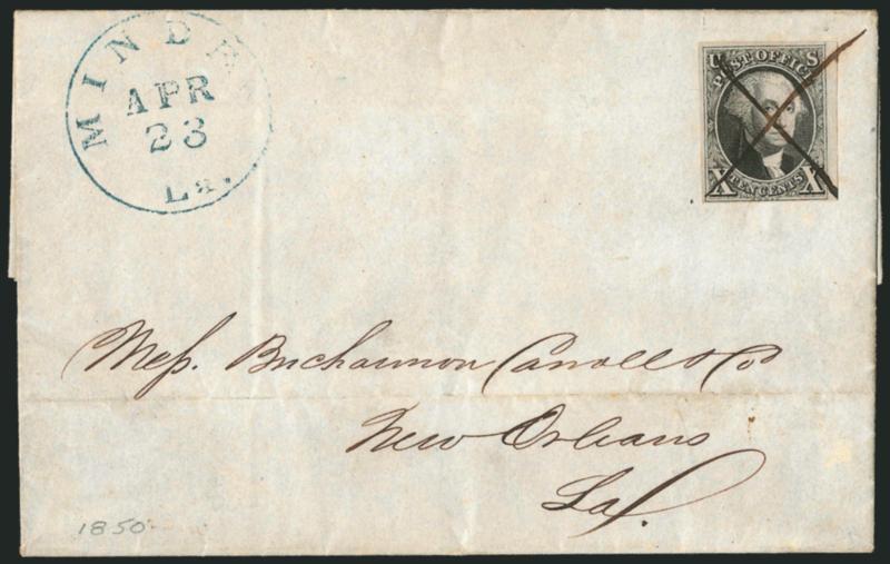 10c Black (2).> Position 94R, large margins to clear, tied by ms. X, blue <Minden La. Apr. 23> circular datestamp on 1850 folded letter to New Orleans, light horizontal file fold well clear of stamp and
markings, Very Fine, scarce usage, only thr