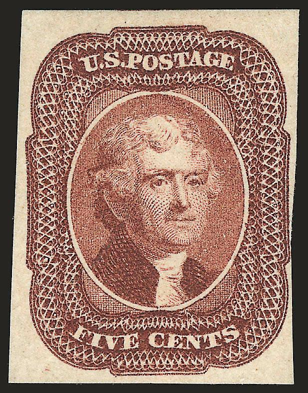 5c Red Brown (12).> Large margins to clear of projection at right, original gum, lightly hinged, bright color and detailed impression<><>^VERY FINE AND CHOICE. A RARE SOUND ORIGINAL-GUM AND FOUR-MARGIN EXAMPLE
OF THE 5-CENT 1856 ISSUE.^<><>Sound,