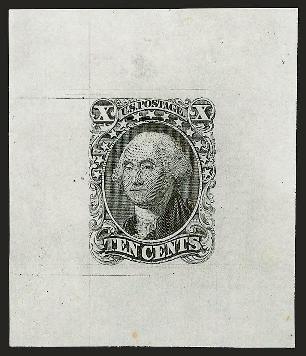 10c Black, Ty. I, Large Die Trial Color Proof on India (13TC1).> 42 x 49mm, showing clear layout lines all around the design, crisp impression<><>^VERY FINE AND CHOICE EXAMPLE OF THIS RARE TRIAL COLOR PROOF FOR
THE 10-CENT 1855 ISSUE.^<><>We have