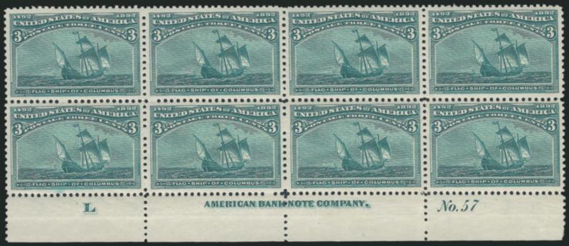 3c Columbian (232).> Mint N.H. bottom imprint, plate no. 57 and letter L block of eight, unusually choice centering, deep rich color and proof-like impression, unpunched perf at center not mentioned on
accompanying certificate<><>^EXTREMELY FINE.