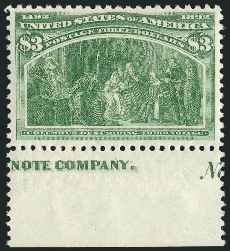 $3.00 Columbian (243).> Mint N.H. with <part imprint and No of plate no.,> brilliant color on post-office fresh paper, choice centering with well-proportioned margins<><>^EXTREMELY FINE. A MAGNIFICENT MINT
NEVER-HINGED EXAMPLE OF THE $3.00 COLUMB