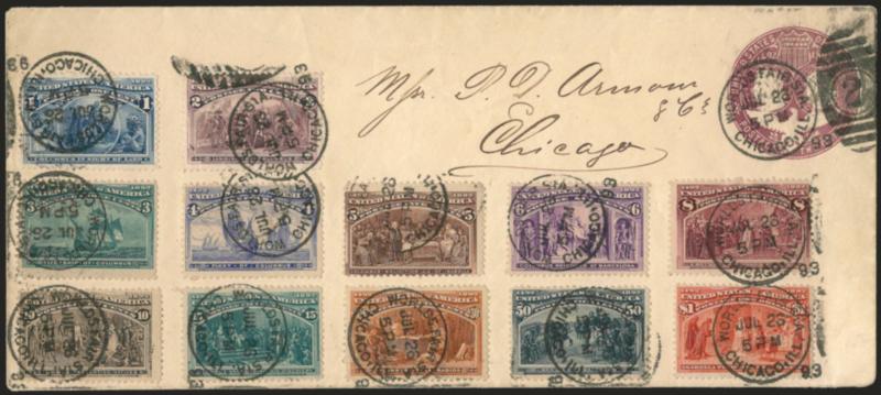 1c-$1.00 Columbian (230-241).> Each stamp tied by neat strike of <Worlds Fair Sta., Chicago Ill., Jul. 26 5 PM 93> duplex datestamp and grid (with grid portion intentionally left off) on 2c Columbian entire
addressed to Messrs. P.D. Armour in Chic