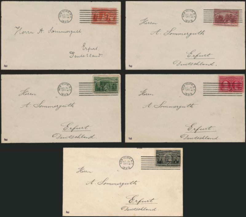 $1.00-$5.00 Columbian (241-245).> Matched set of five covers, each tied by sharp New York N.Y. Aug. 31 2:30PM 1893 machine cancel and addressed to A. Sommerguth in <Erfurt, Germany,> perfectly struck receiving
backstamps, $3.00 faint toning from gu