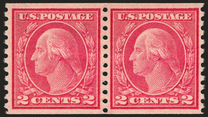 2c Carmine, Ty. II, Coil (491).> Pair, exceptionally well-centered, brilliant color<><>^EXTREMELY FINE. A SUPERB PAIR OF THE RARE 2-CENT TYPE II PERF 10 HORIZONTAL COIL ON UNWATERMARKED PAPER.^<><>Unlike most
other issues, the horizontal coil is